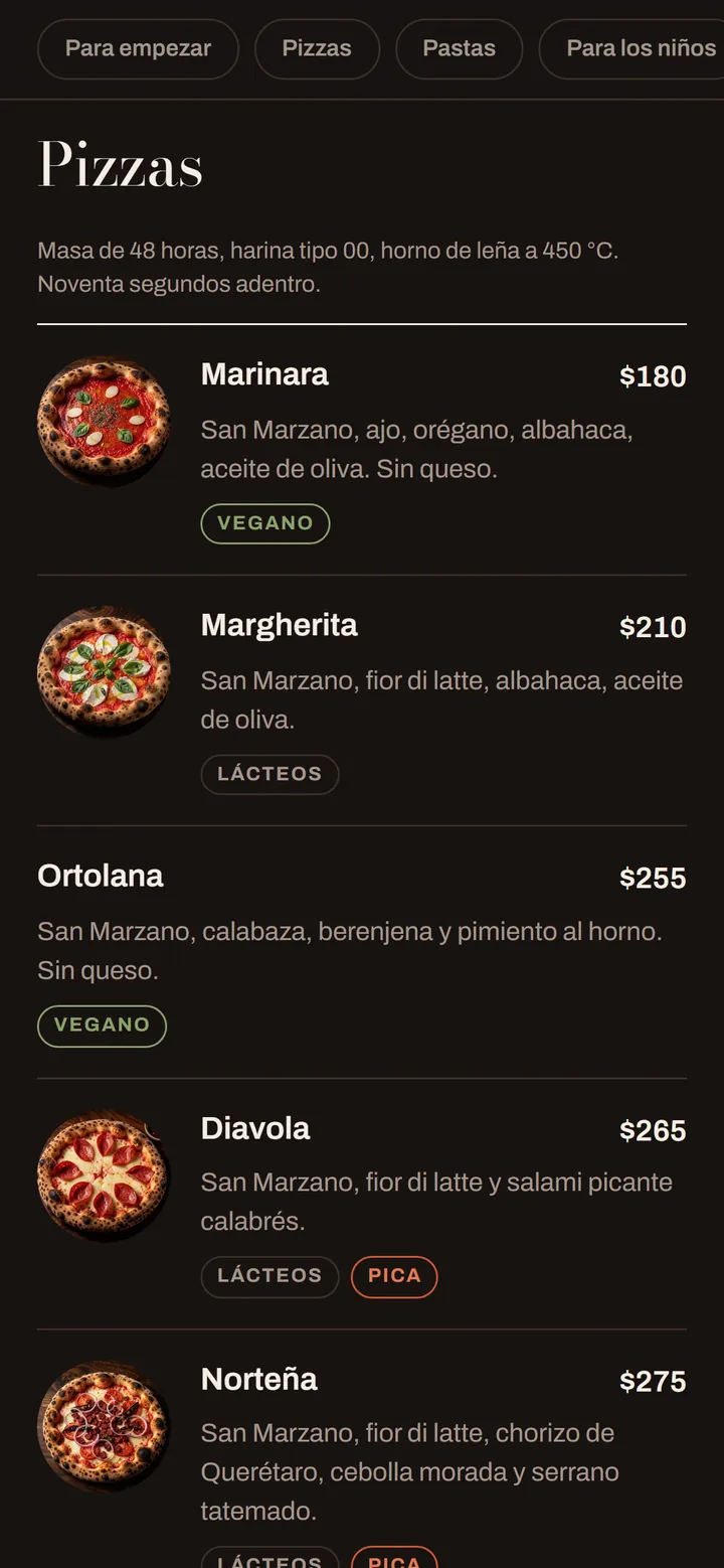La carta de la mesa, con fotos y precios, en el teléfono